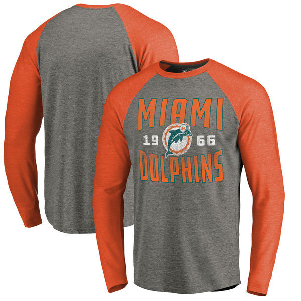 Miami Dolphins NFL Pro Line by Fanatics Branded Timeless Collection Antique Stack Long Sleeve Tri Blend Raglan T Shirt Ash