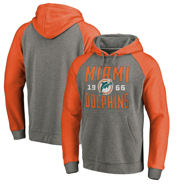 Miami Dolphins NFL Pro Line by Fanatics Branded Timeless Collection Antique Stack Tri Blend Raglan Pullover Hoodie Ash