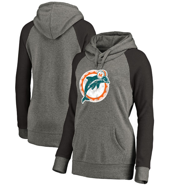 Miami Dolphins NFL Pro Line by Fanatics Branded Women's Throwback Logo Tri Blend Raglan Plus Size Pullover Hoodie Gray Black