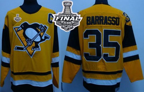 Mitchell Ness Penguins 35 Tom Barrasso Yellow 2016 Stanley Cup Champions Stitched NHL Jersey