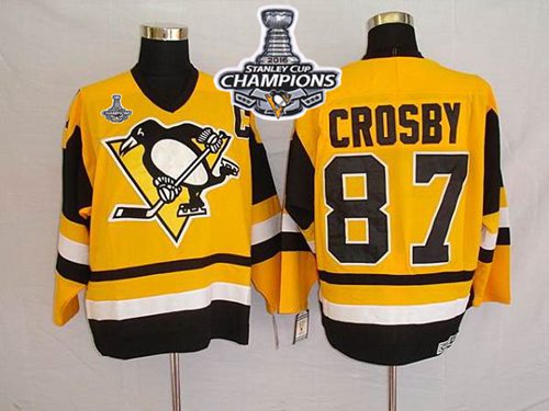 Mitchell Ness Penguins 87 Sidney Crosby Yellow 2016 Stanley Cup Champions Stitched NHL Jersey