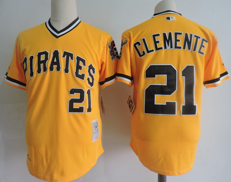 Mitchell and Ness 1971 Pirates #21 Roberto Clemente Yellow Throwback Stitched MLB Jerseys