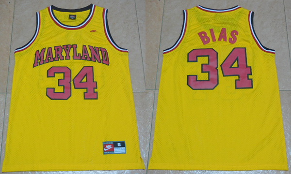 NCAA 34 Len Bias Jersey 1985 Maryland Terps University Throwback Basketball Yellow Jersey