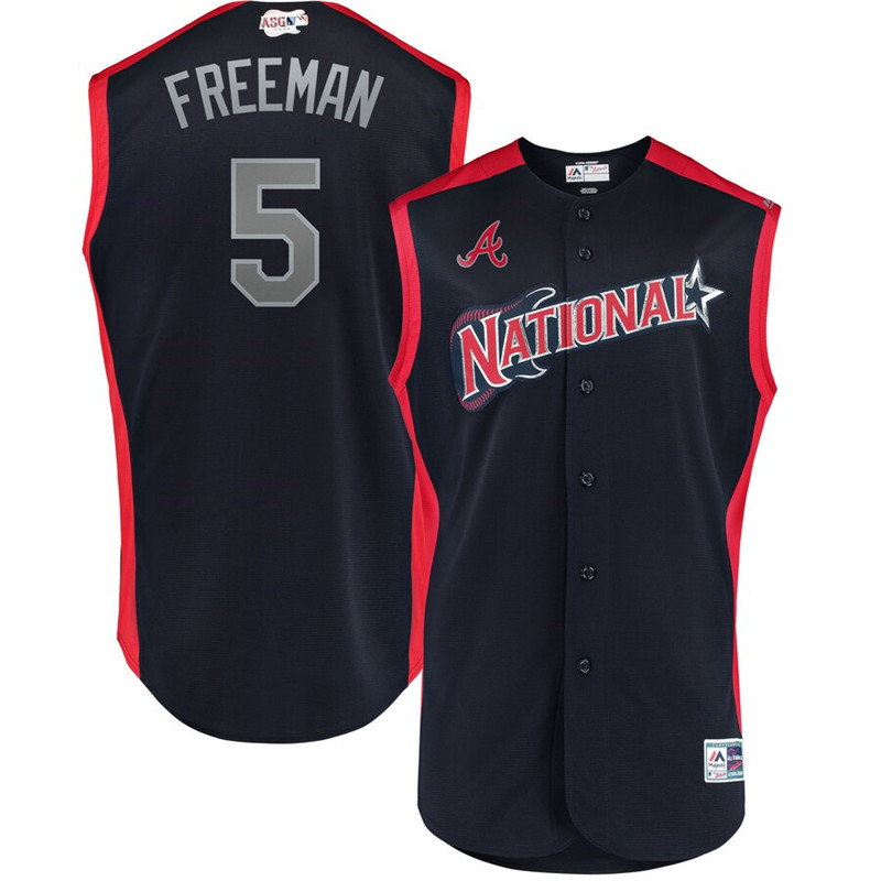 National League 5 Freddie Freeman Navy Youth 2019 MLB All Star Game Workout Player Jersey