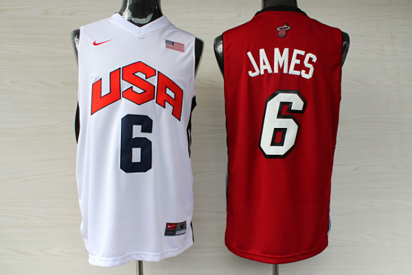 New 6 LeBron James Jersey Miami Heat White Mixed 2012 USA Dream Team Red Jersey