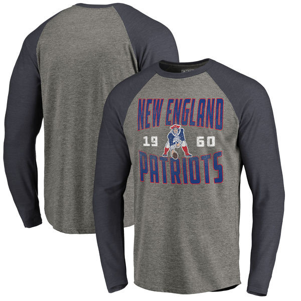 New England Patriots NFL Pro Line by Fanatics Branded Timeless Collection Antique Stack Long Sleeve Tri Blend Raglan T Shirt Ash