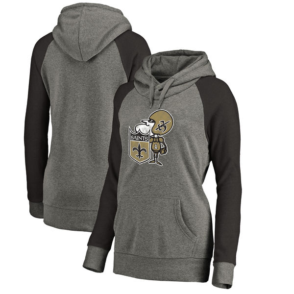 New Orleans Saints NFL Pro Line by Fanatics Branded Women's Throwback Logo Tri Blend Raglan Plus Size Pullover Hoodie Gray Black