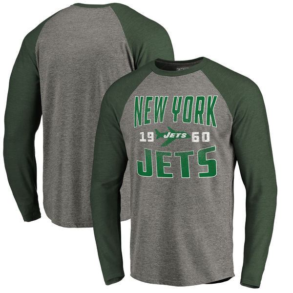 New York Jets NFL Pro Line by Fanatics Branded Timeless Collection Antique Stack Long Sleeve Tri Blend Raglan T Shirt Ash