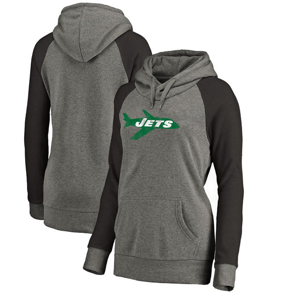 New York Jets NFL Pro Line by Fanatics Branded Women's Throwback Logo Tri Blend Raglan Plus Size Pullover Hoodie Gray Black