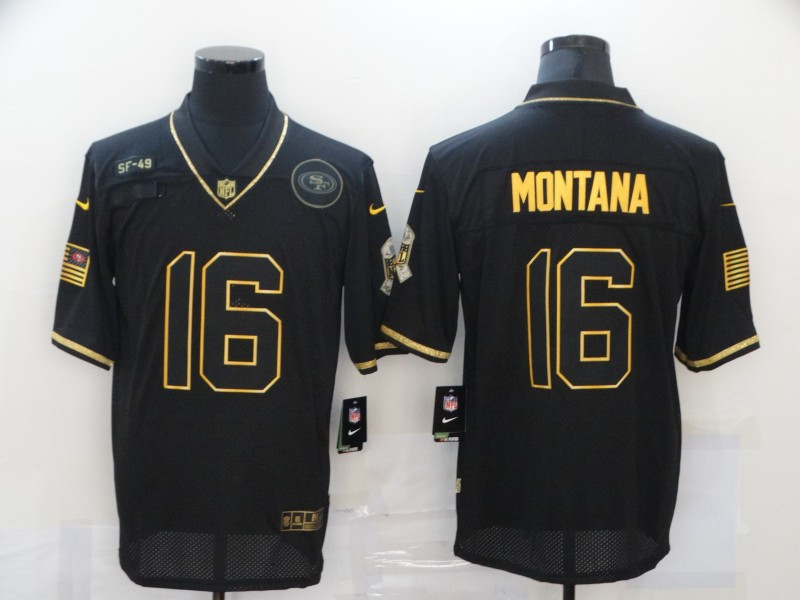Nike 49ers 16 Joe Montana Black Gold 2020 Salute To Service Limited Jersey