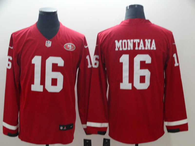  49ers 16 Joe Montana Red Therma Long Sleeve Jersey