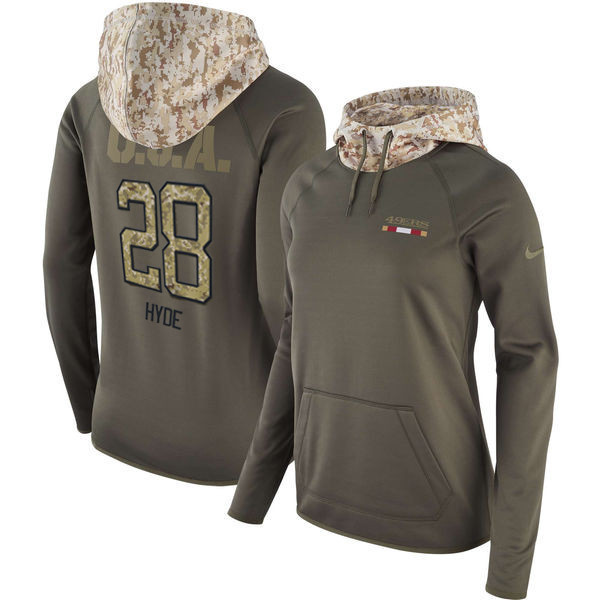  49ers 28 Carlos Hyde Olive Women Salute To Service Pullover Hoodie
