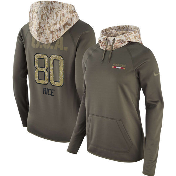  49ers 80 Jerry Rice Olive Women Salute To Service Pullover Hoodie