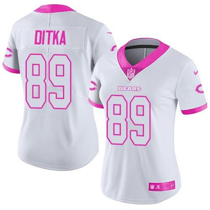  Bears 89 Mike Ditka White Pink Women Rush Limited Jersey