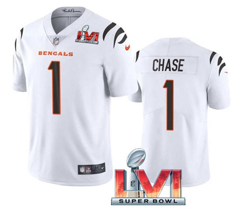 Nike Bengals 1 Ja'Marr Chase White 2022 Super Bowl LVI Vapor Limited Jersey