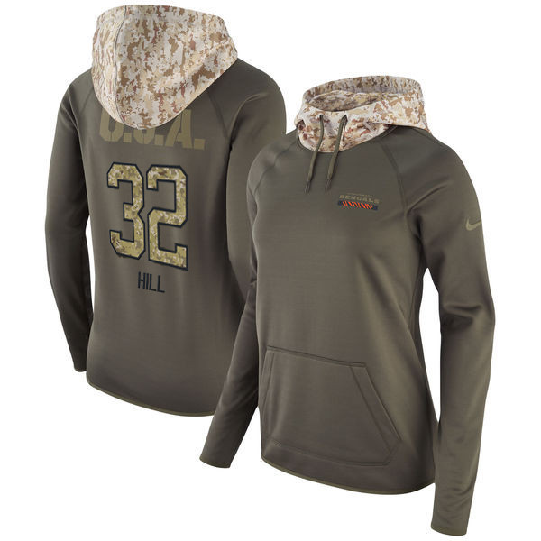  Bengals 32 Jeremy Hill Olive Women Salute To Service Pullover Hoodie