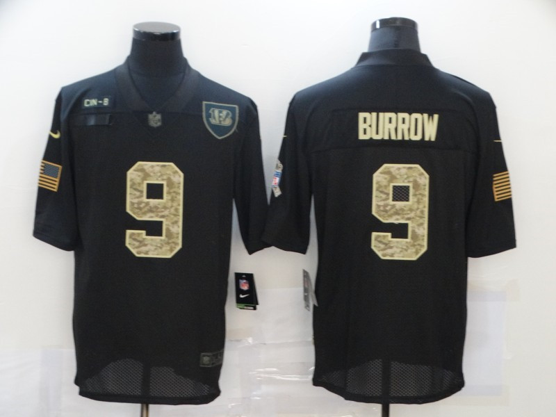 Nike Bengals 9 Joe Burrow Black Camo 2020 Salute To Service Limited Jersey
