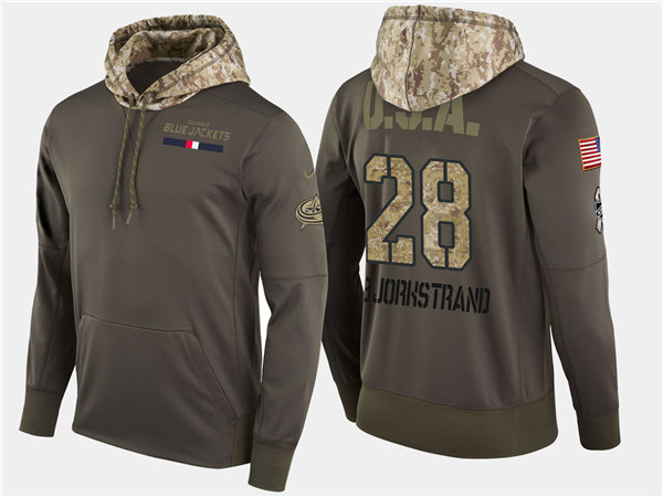 Blue Jackets 28 Oliver Bjorkstrand Olive Salute To Service Pullover Hoodie