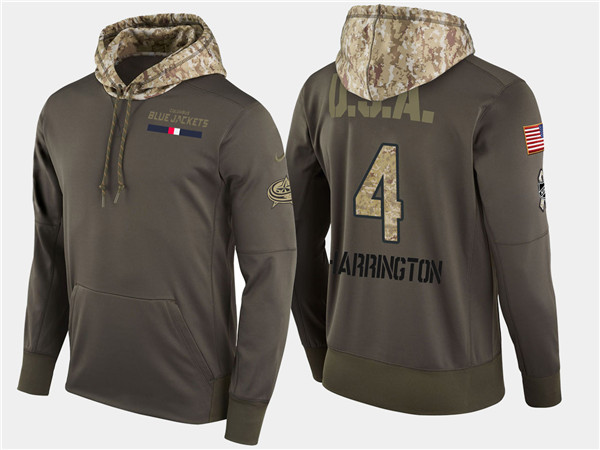  Blue Jackets 4 Scott Harrington Olive Salute To Service Pullover Hoodie
