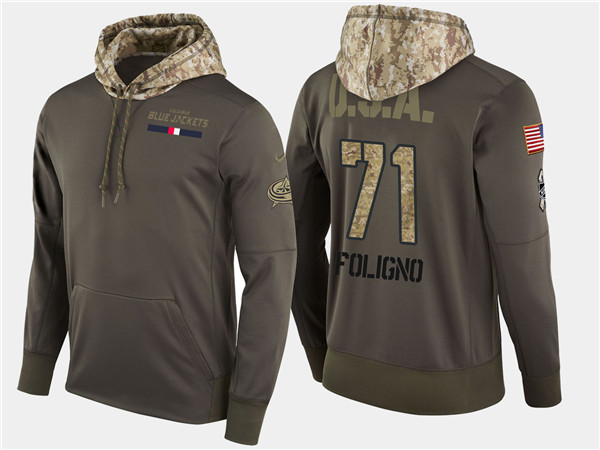  Blue Jackets 71 Nick Foligno Olive Salute To Service Pullover Hoodie