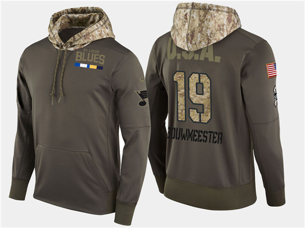  Blues 19 Jay Bouwmeester Olive Salute To Service Pullover Hoodie