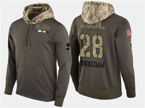  Blues 28 Kyle Brodziak Olive Salute To Service Pullover Hoodie