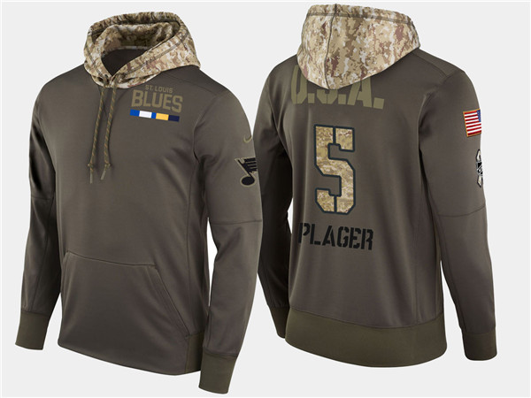  Blues 5 Bob Plager Retired Olive Salute To Service Pullover Hoodie