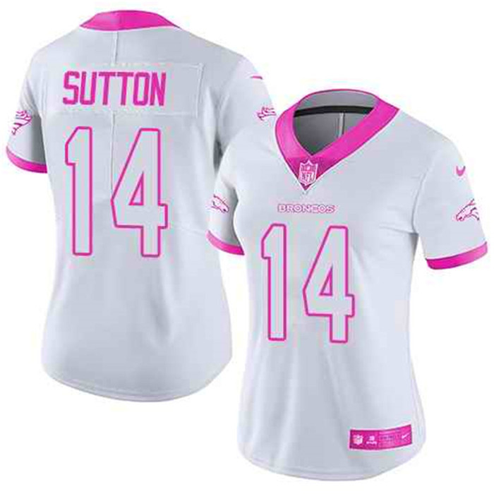  Broncos 14 Courtland Sutton White Pink Women Rush Limited Jersey