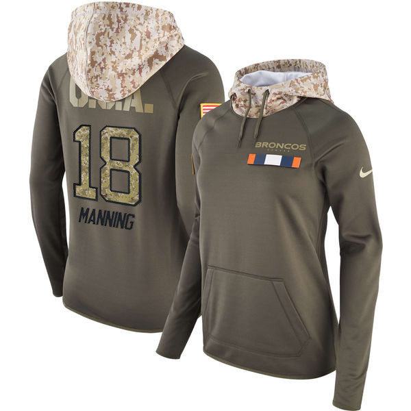  Broncos 18 Peyton Manning Olive Women Salute To Service Pullover Hoodie