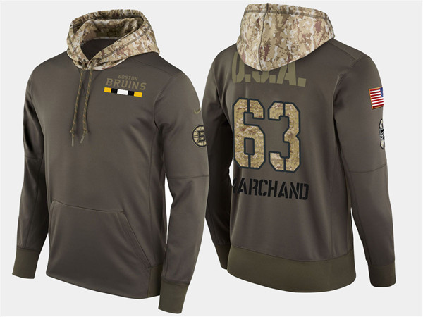  Bruins 63 Brad Marchand Olive Salute To Service Pullover Hoodie