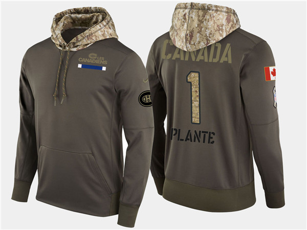  Canadiens 1 Jacques Plante Retired Olive Salute To Service Pullover Hoodie