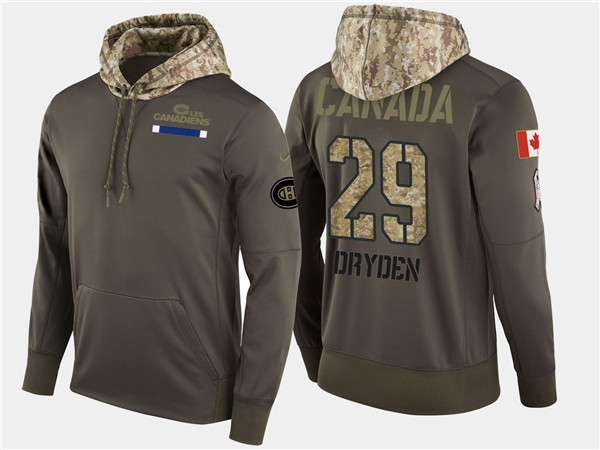  Canadiens 29 Ken Dryden Retired Olive Salute To Service Pullover Hoodie