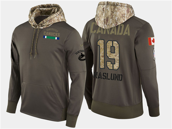  Canucks 19 Markus Naslund Retired Olive Salute To Service Pullover Hoodie