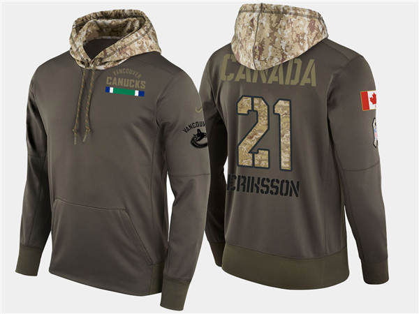  Canucks 21 Loui Eriksson Olive Salute To Service Pullover Hoodie