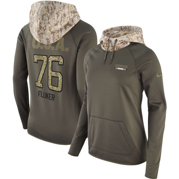  Chargers 76 D.J. Fluker Olive Women Salute To Service Pullover Hoodie