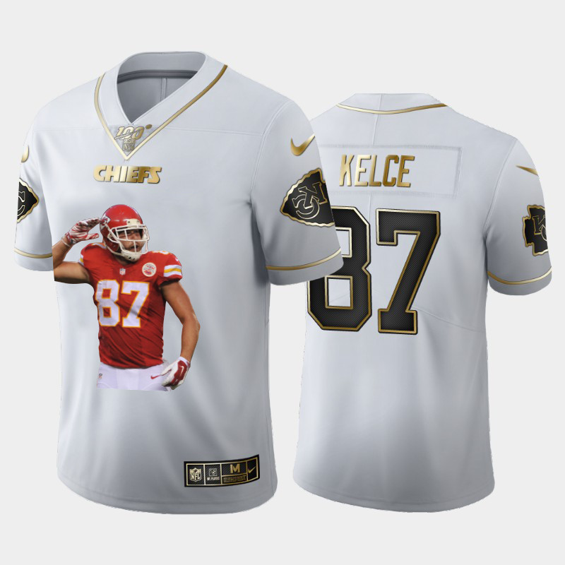 Nike Chiefs 87 Travis Kelce White Gold Player Name Logo 100th Season Vapor Untouchable Limited Jersey