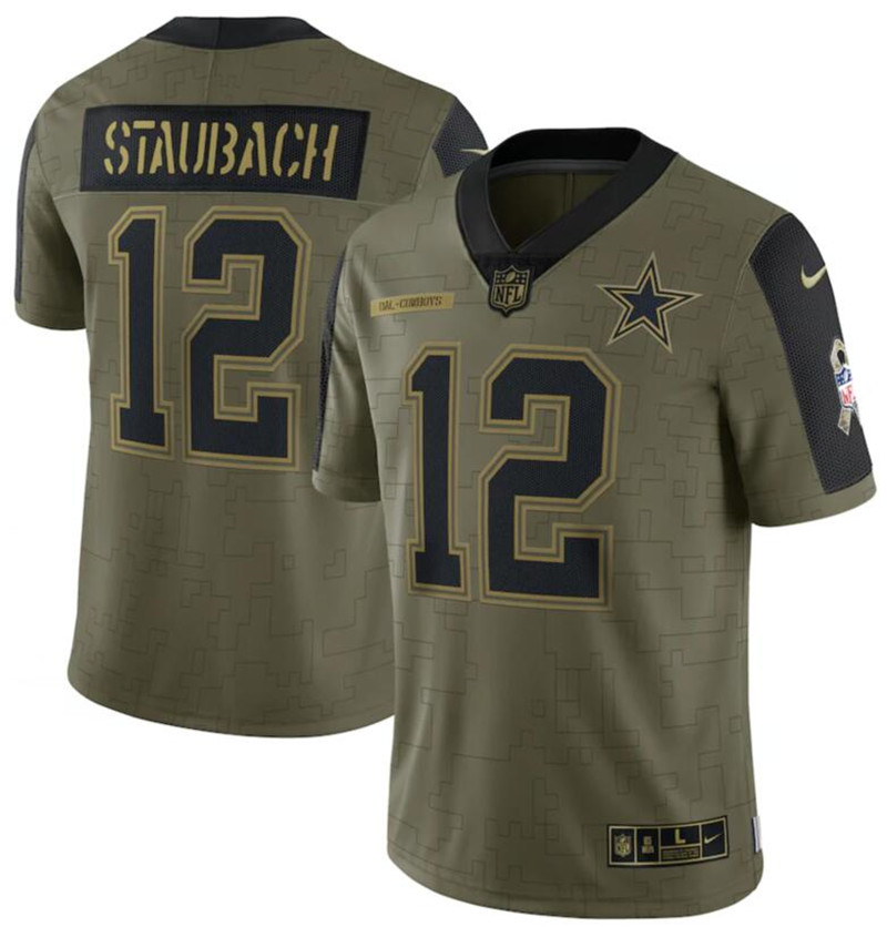 Nike Cowboys 12 Roger Staubach Olive 2021 Salute To Service Limited Jersey