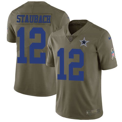  Cowboys 12 Roger Staubach Olive Salute To Service Limited Jersey