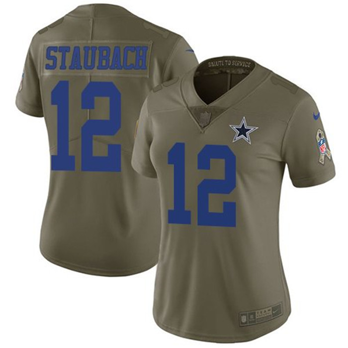 Cowboys 12 Roger Staubach Olive Women Salute To Service Limited Jersey