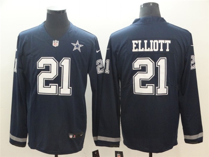  Cowboys 21 Ezekiel Elliott Navy Therma Long Sleeve Jersey