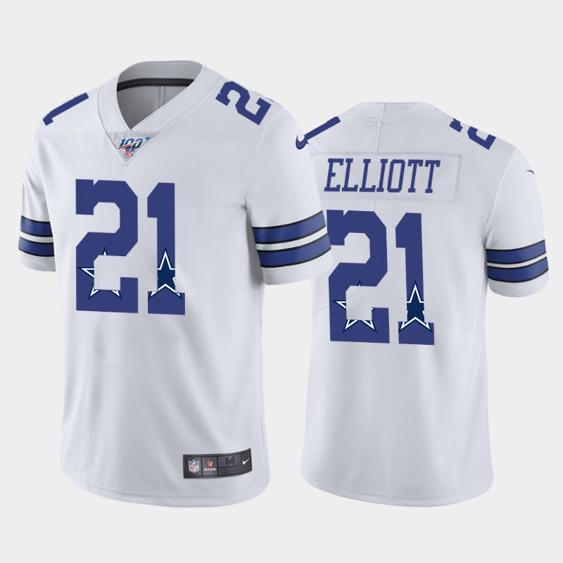 Nike Cowboys 21 Ezekiel Elliott White Number Logo Team 100th Season Vapor Untouchable Limited Jersey