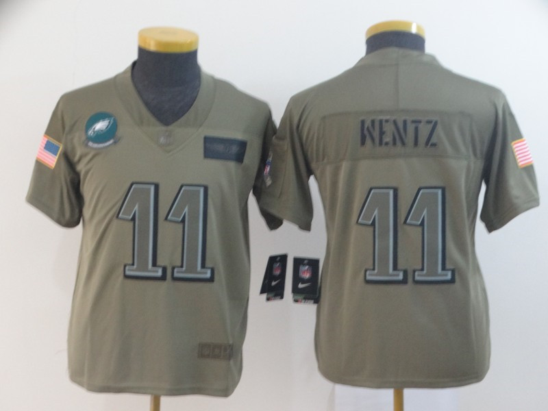 Nike Eagles 11 Carson Wentz 2019 Olive Youth Salute To Service Limited Jersey