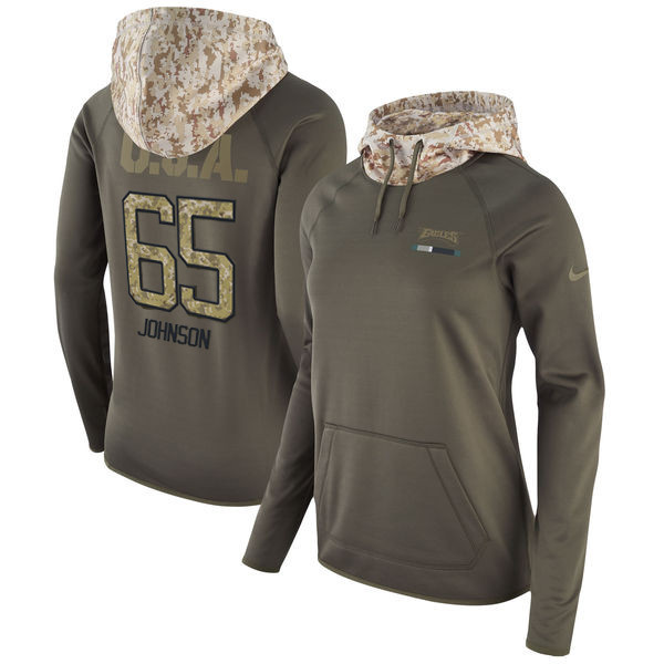  Eagles 65 Lane Johnson Olive Women Salute To Service Pullover Hoodie