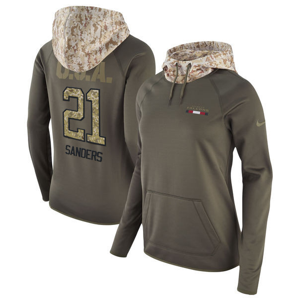  Falcons 21 Deion Sanders Olive Women Salute To Service Pullover Hoodie