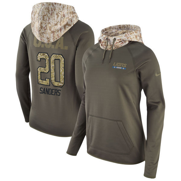  Lions 20 Barry Sanders Olive Women Salute To Service Pullover Hoodie
