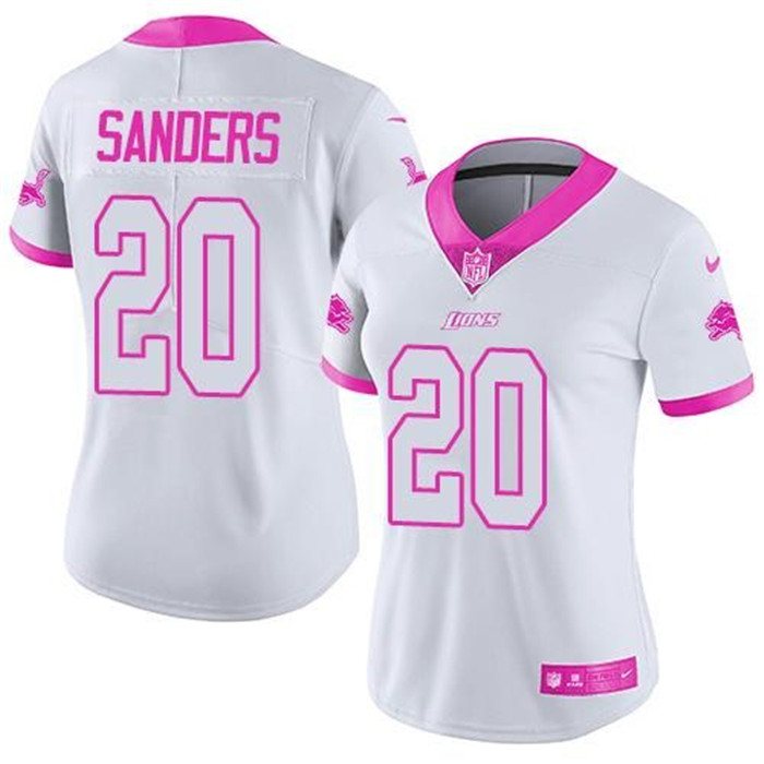  Lions 20 Barry Sanders White Pink Women Rush Fashion Limited Jersey