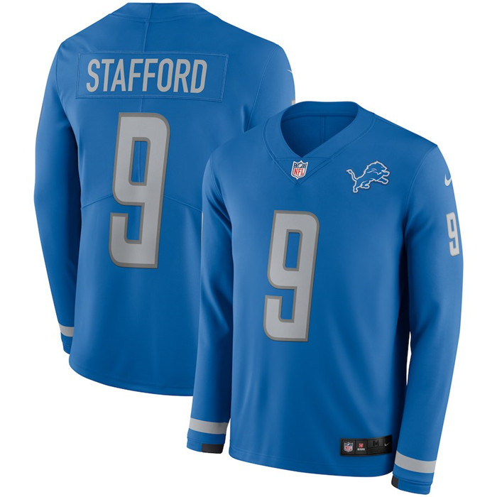  Lions 9 Matthew Stafford Blue Long Sleeve Limited Jersey