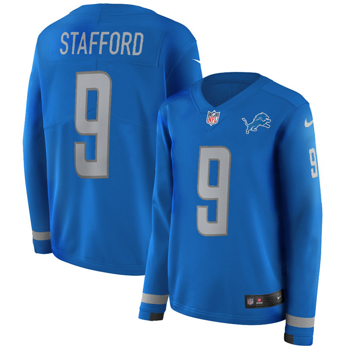  Lions 9 Matthew Stafford Blue Women Long Sleeve Limited Jersey