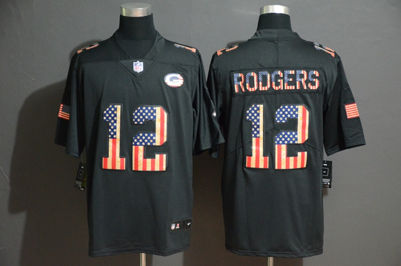 Nike Packers 12 Aaron Rodgers 2019 Black Salute To Service USA Flag Fashion Limited Jersey
