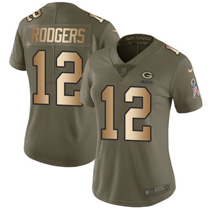  Packers 12 Aaron Rodgers Olive Gold Women Salute To Service Limited Jersey